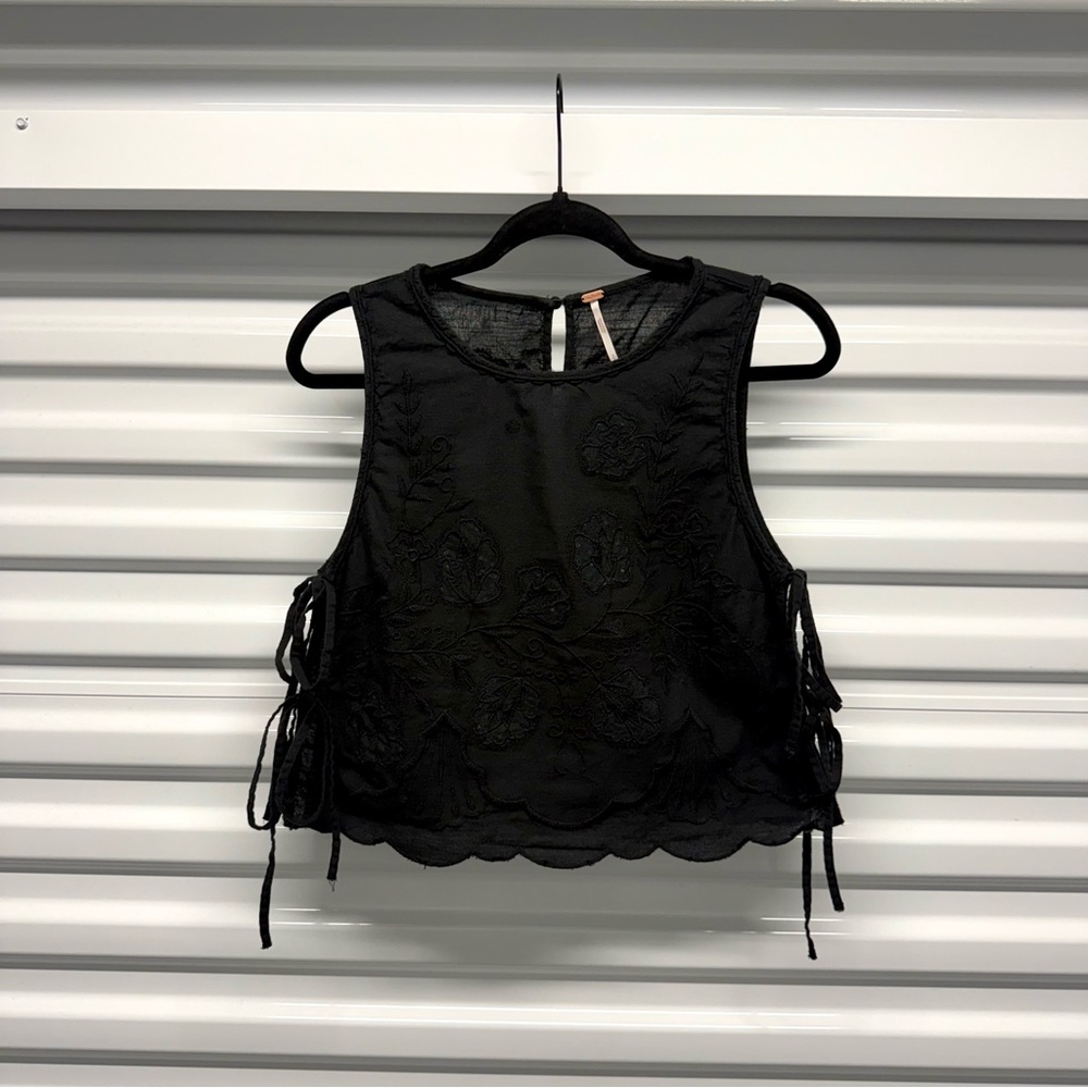 Free People Black Sheer Embroidered Side Tie Crop Top